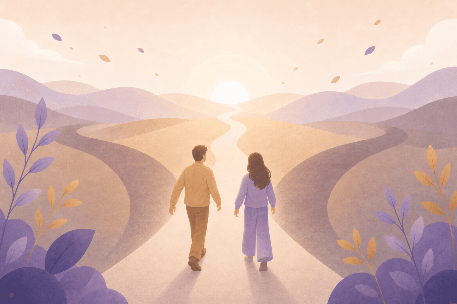 Illustration de deux personnes à la croisée de trois chemins