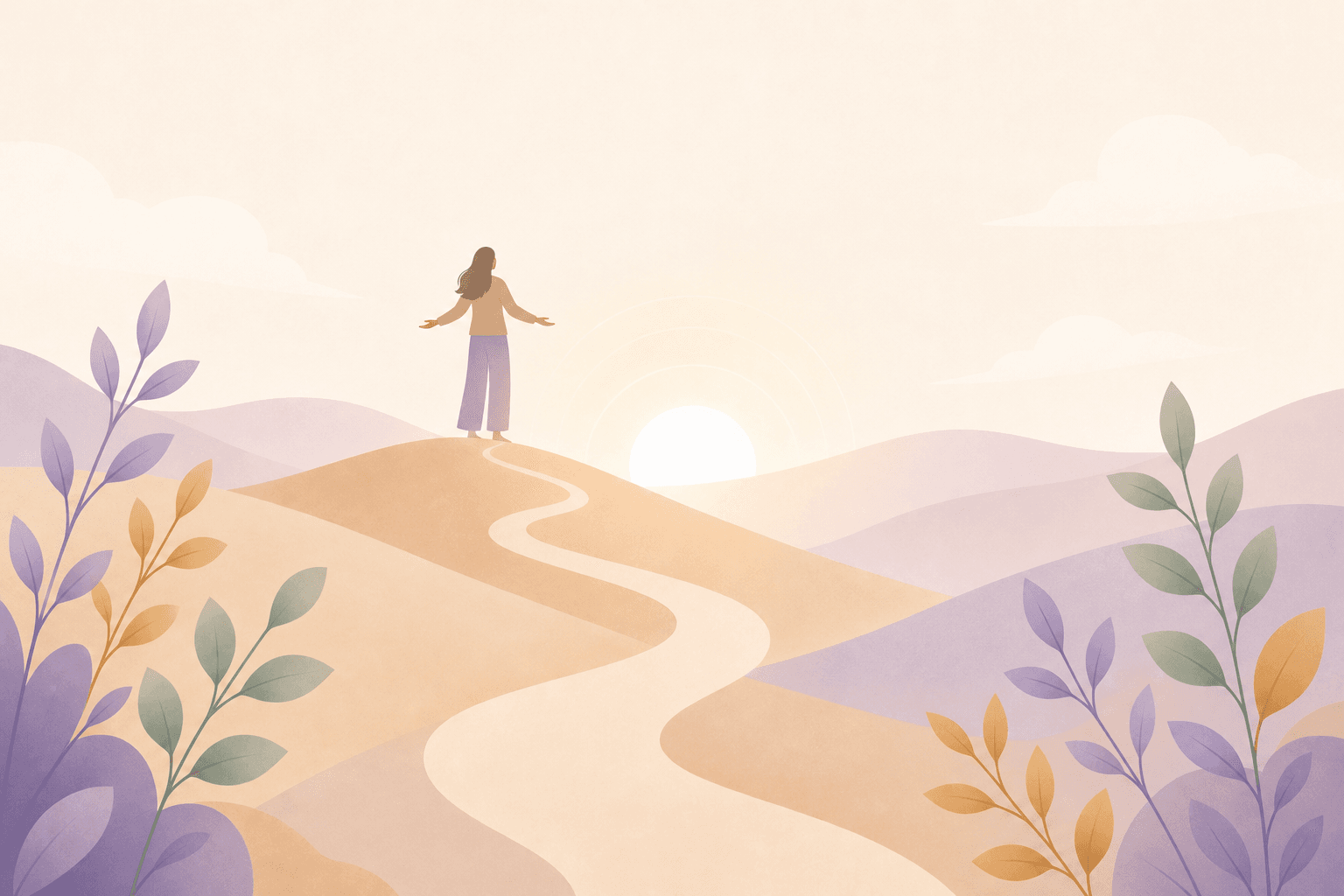 Illustration d'une personne sur un chemin vers le soleil levant